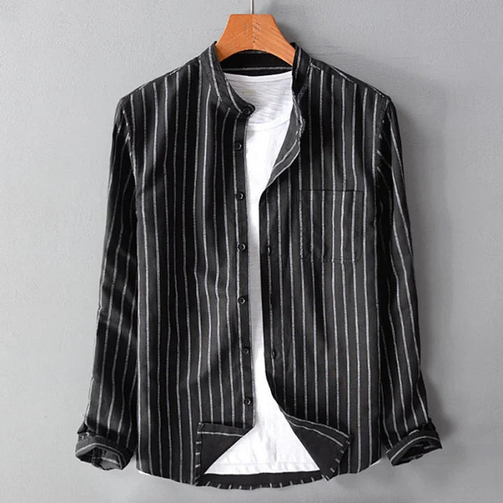 Stylish men's pinstripe shirt featuring a mandarin collar. Lightweight and breathable, ideal for summer casual wear.