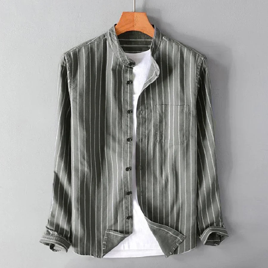 Modern men's fashion pinstripe shirt. This lightweight striped dress shirt is a comfortable, breathable top for warm days.