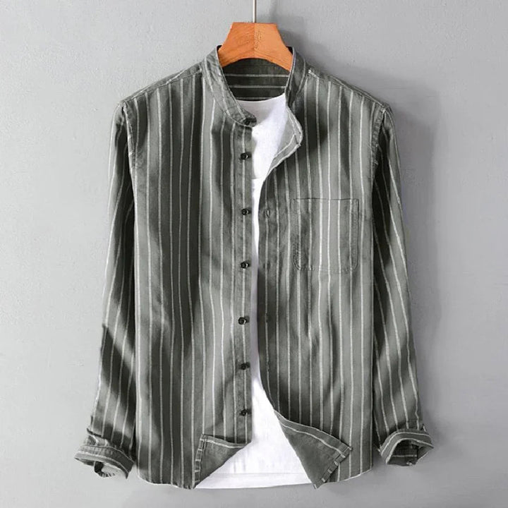 Modern men's fashion pinstripe shirt. This lightweight striped dress shirt is a comfortable, breathable top for warm days.