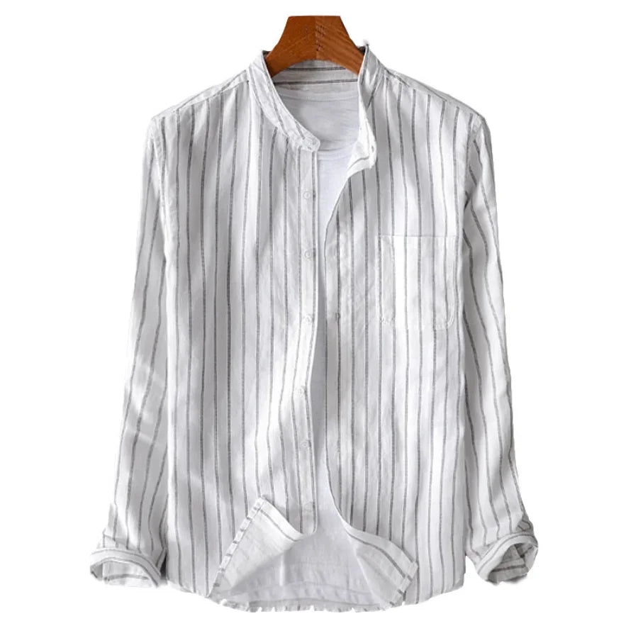 Elegant men's lightweight pinstripe dress shirt. Perfect breathable casual summer shirt with a mandarin collar.