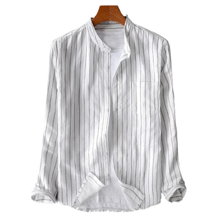Elegant men's lightweight pinstripe dress shirt. Perfect breathable casual summer shirt with a mandarin collar.