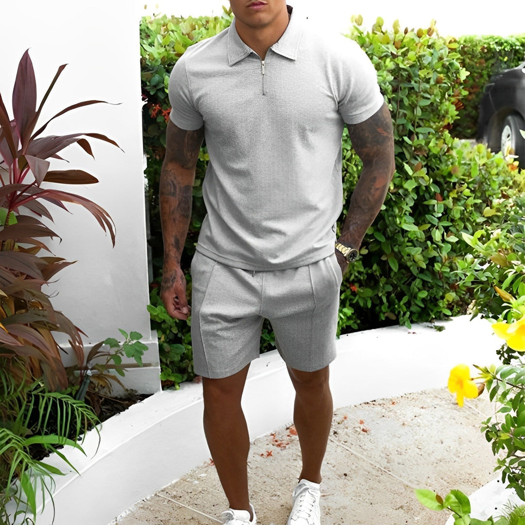 Men's lightweight polo and shorts summer set. Breathable smart casual two-piece outfit perfect for vacation.