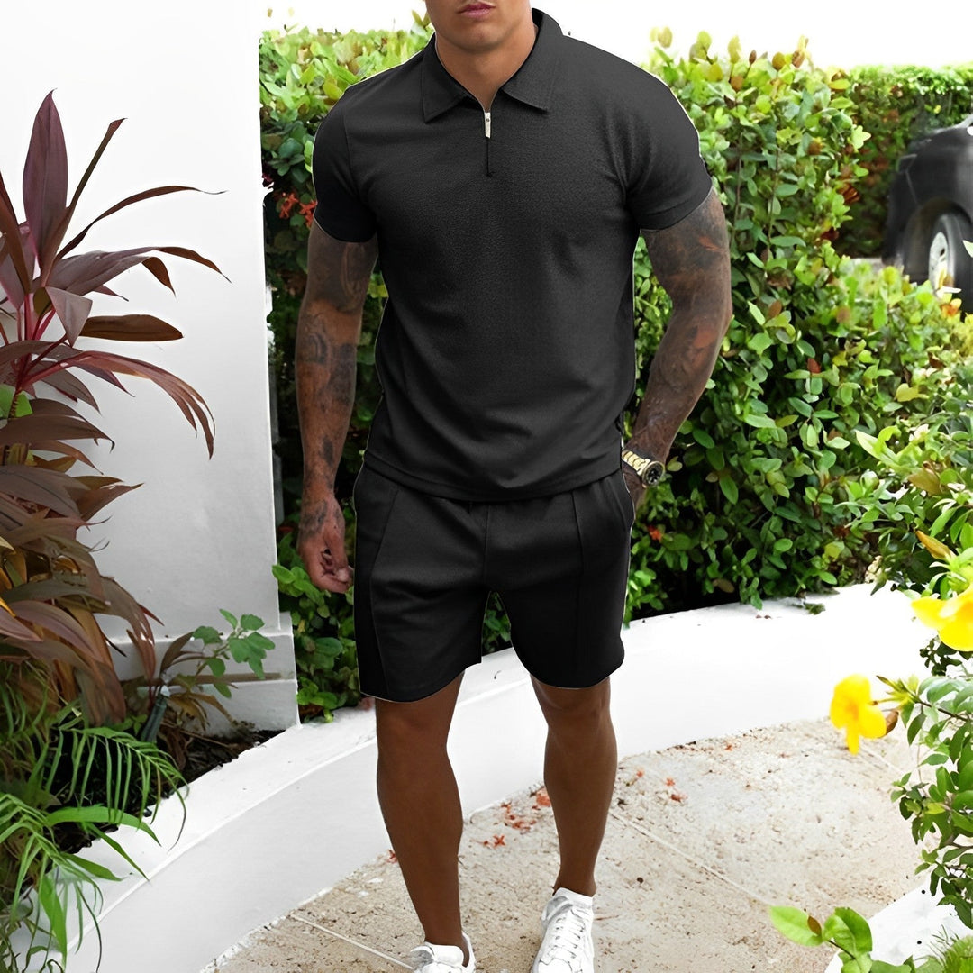 Breathable men's casual polo and shorts co-ord set. Ideal lightweight summer outfit for relaxed smart-fit wear.