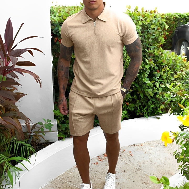 Stylish men's summer polo and shorts set. Smart casual two-piece outfit, perfect for holidays and warm weather.