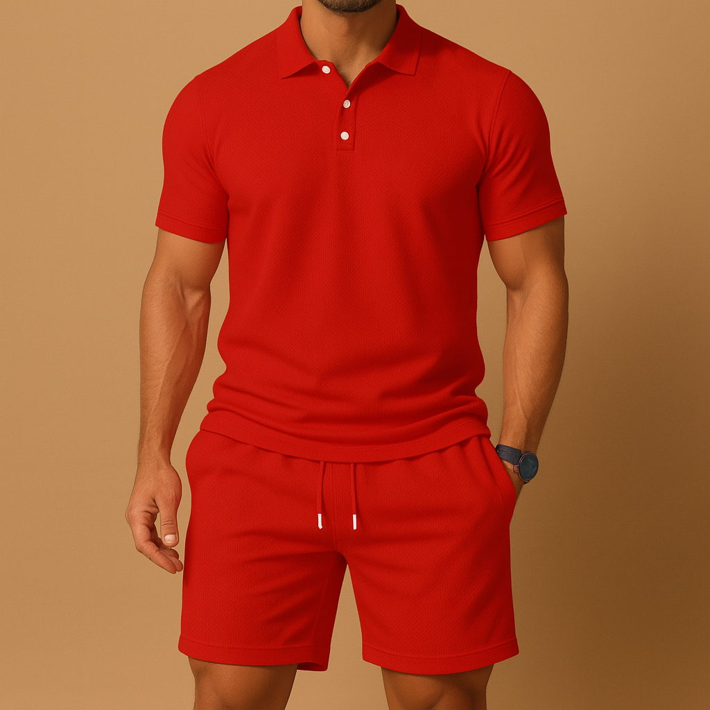 Stylish men's summer polo shirt and matching shorts set. Ideal lightweight casual wear for warm weather & beach.