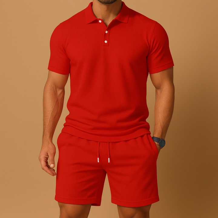 Stylish men's summer polo shirt and matching shorts set. Ideal lightweight casual wear for warm weather & beach.