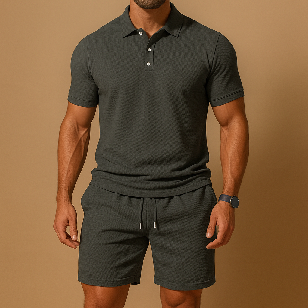 Men's fashion summer set: lightweight polo and shorts. Casual, breathable two-piece outfit for relaxed days.