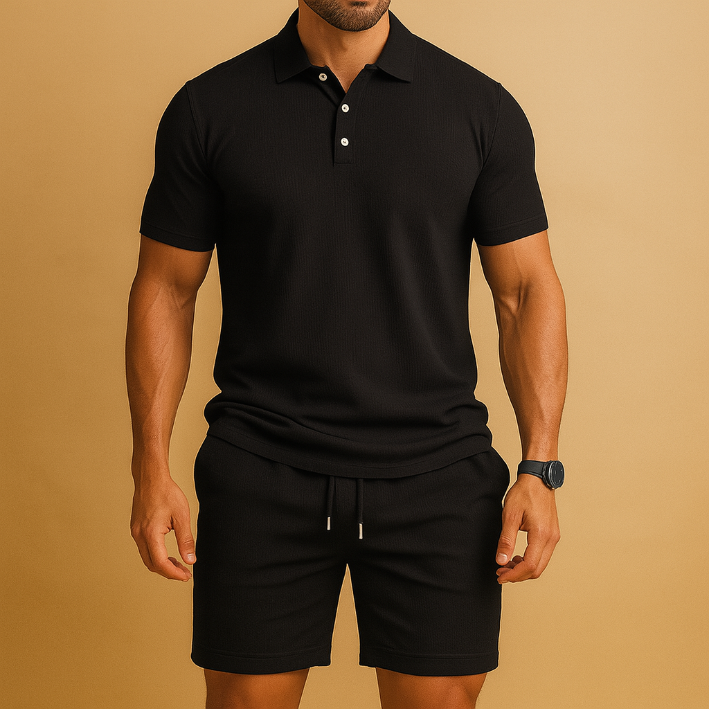 Comfortable men's polo shirt and shorts summer set. Lightweight, breathable fabric for casual and beach wear.