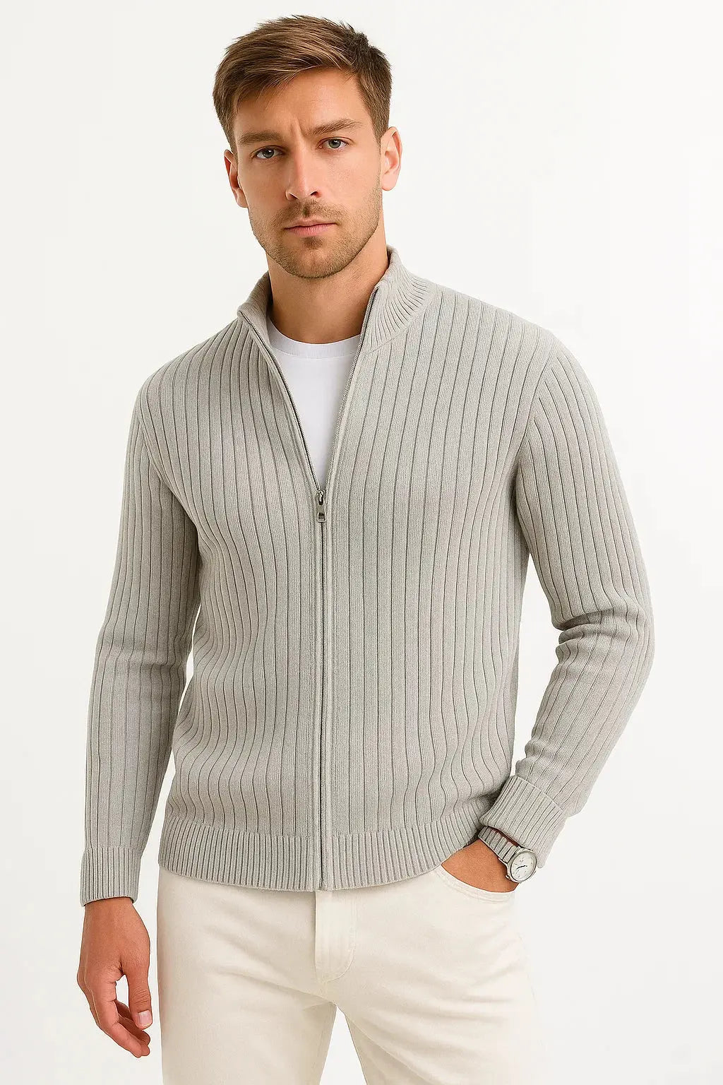 Men's lightweight ribbed knit cardigan, perfect for versatile layering in spring or fall fashion.
