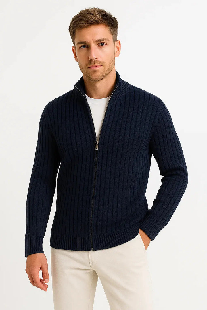 Classic men's ribbed knit cardigan, ideal for transitional fall & spring wear. Lightweight & stylish.