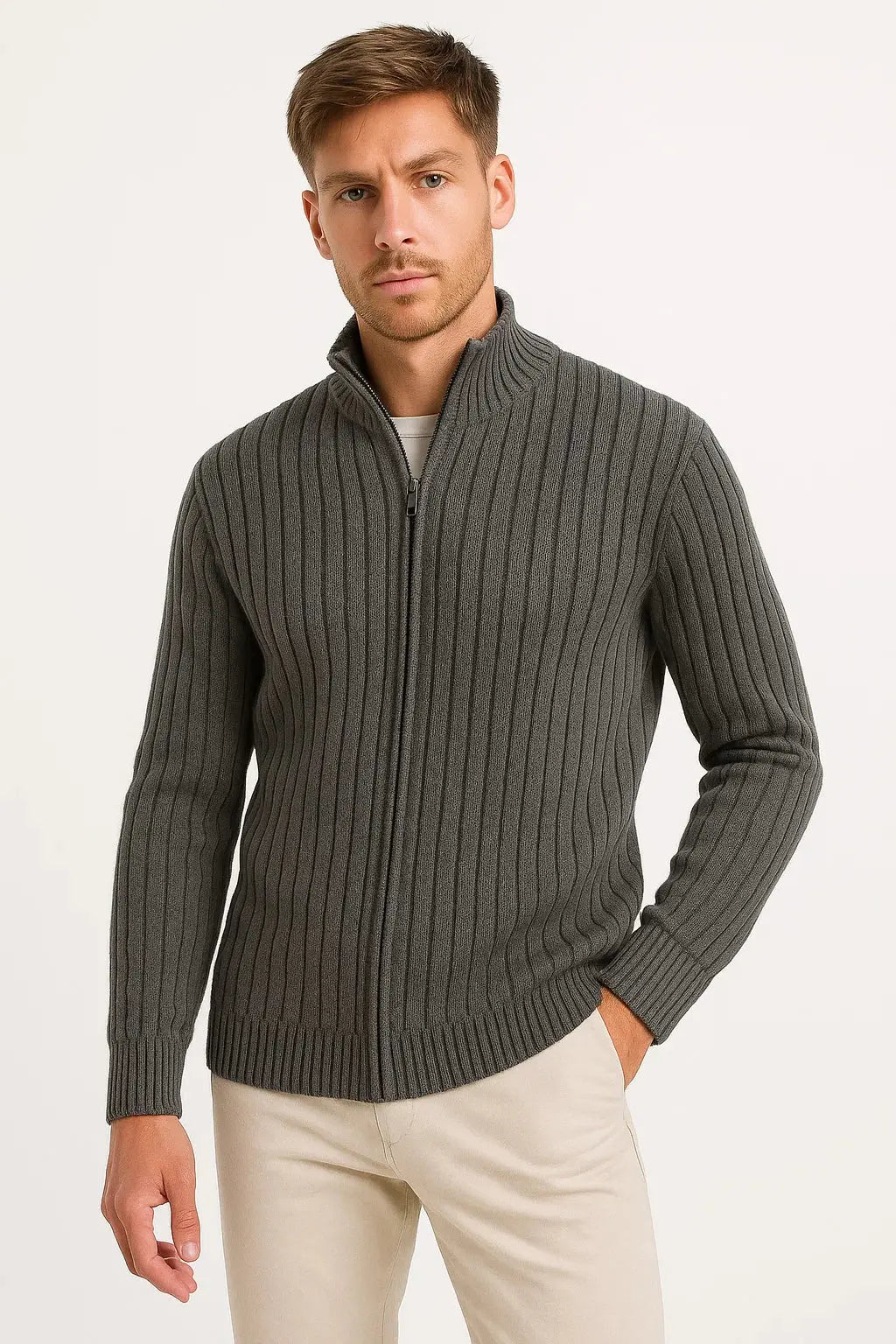 Versatile men's ribbed knit cardigan. Style for casual or formal wear, a modern essential for layering.