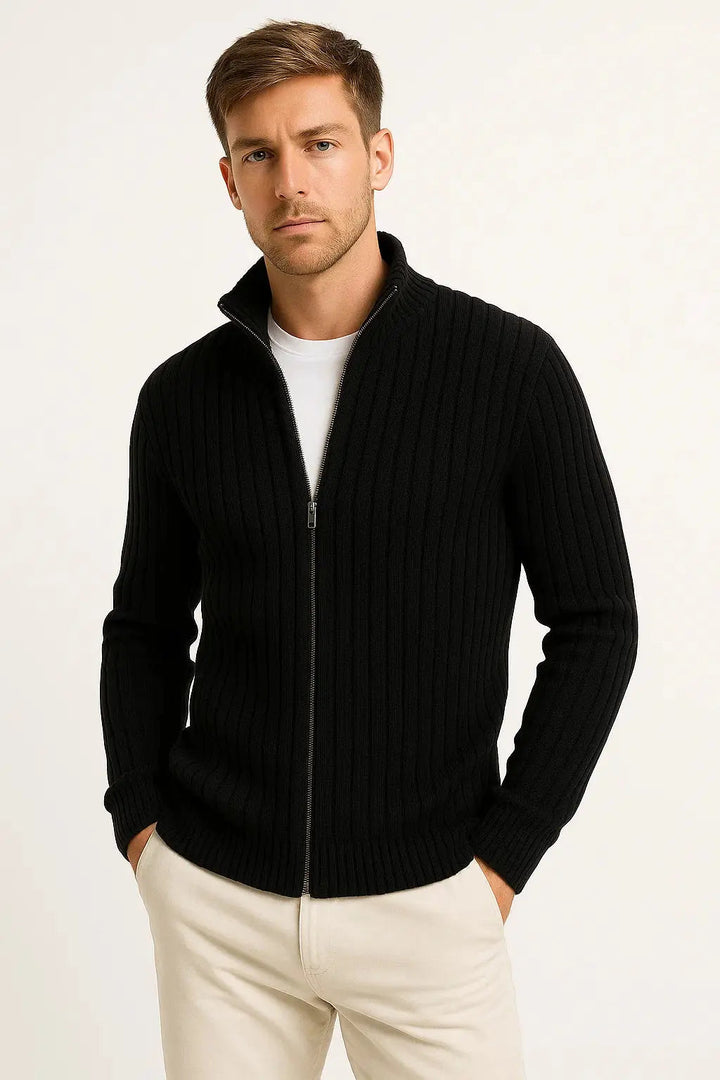 Stylish men's ribbed knit cardigan, a lightweight and comfortable piece for contemporary men's fashion.