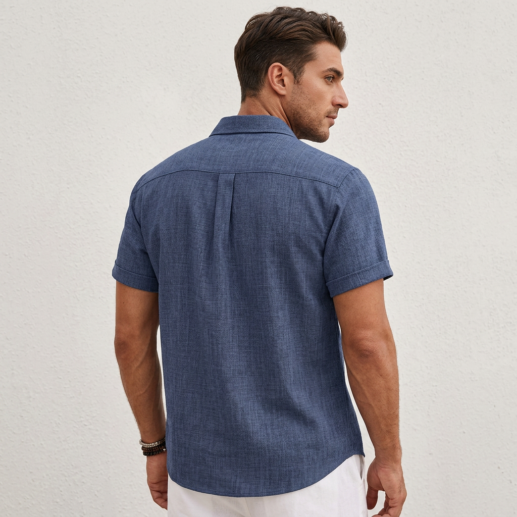 Lightweight men's button-up shirt, short sleeve and breathable, great for casual summer outings.