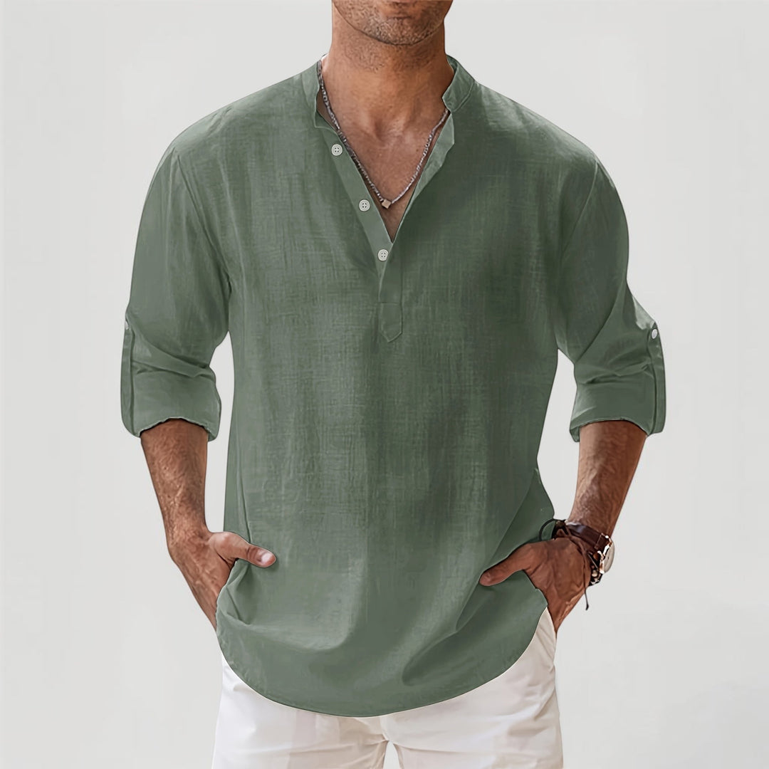 Relaxed fit men's lightweight Henley, ideal for comfortable spring fashion and casual summer days.