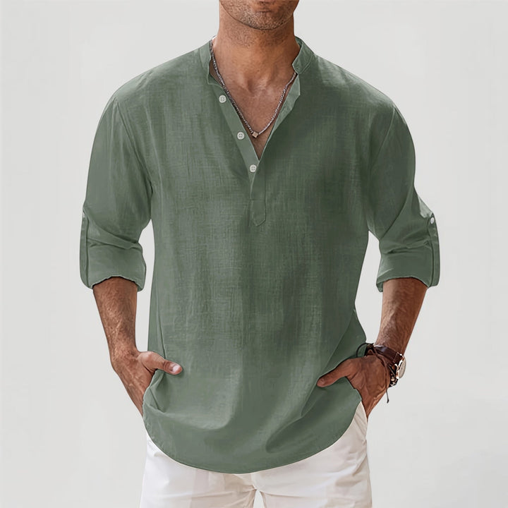 Relaxed fit men's lightweight Henley, ideal for comfortable spring fashion and casual summer days.