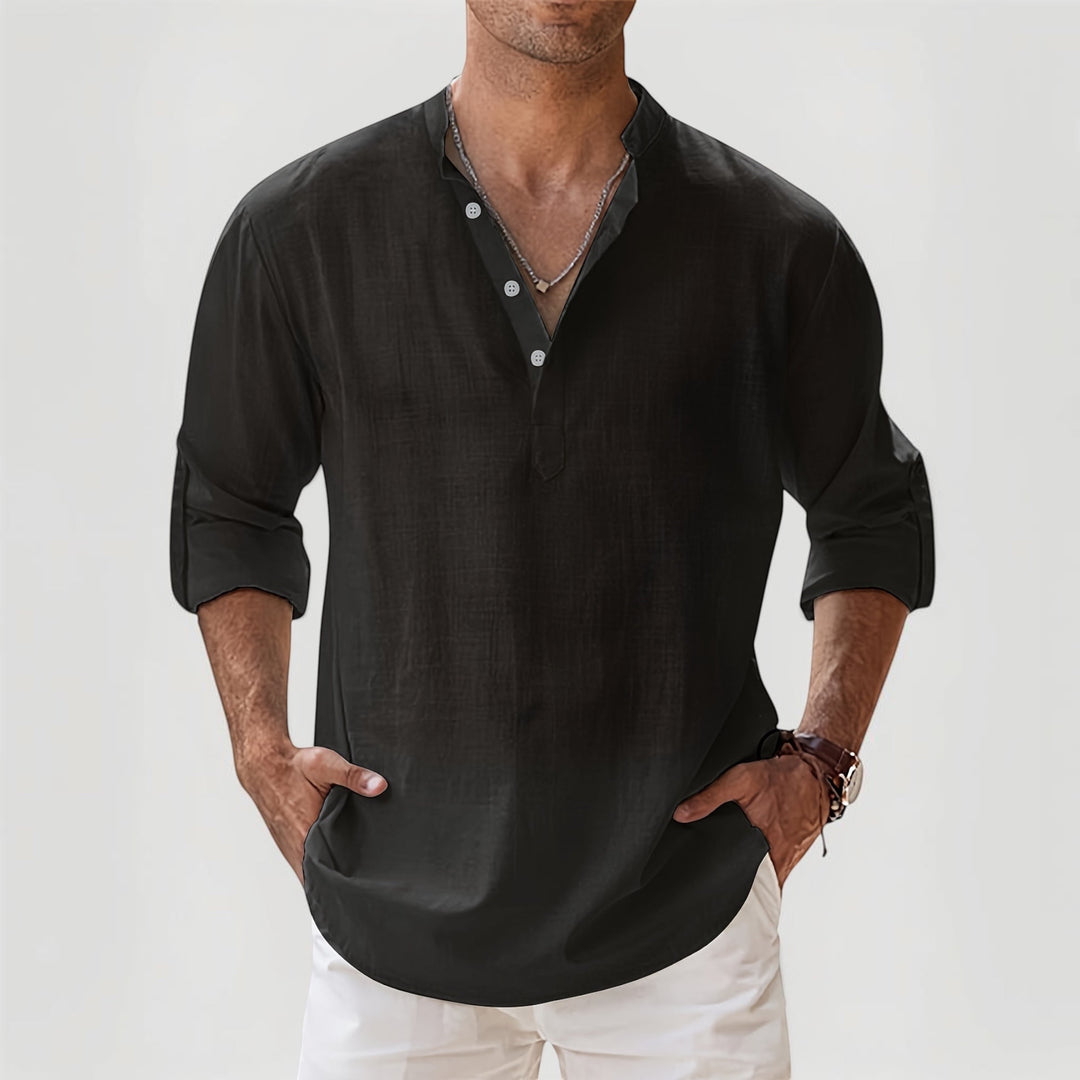 Short-sleeve men's Henley shirt, button placket, lightweight fabric for warm spring and summer days.