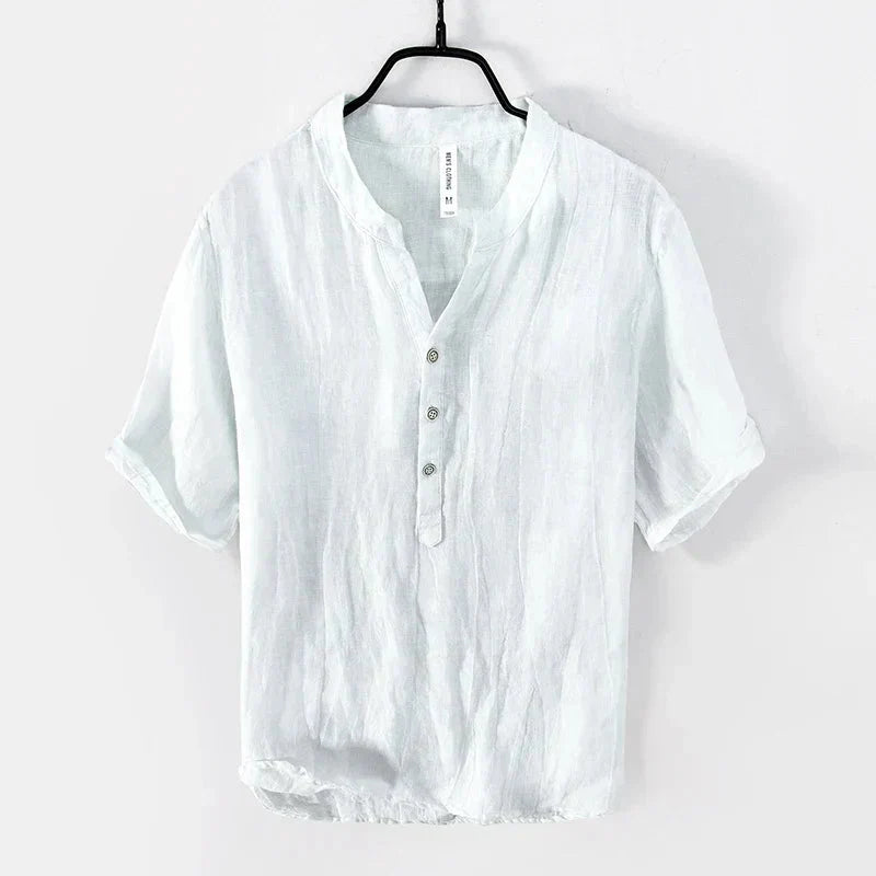 Lightweight men's summer Henley shirt. Short-sleeve casual top with button placket for warm weather comfort.