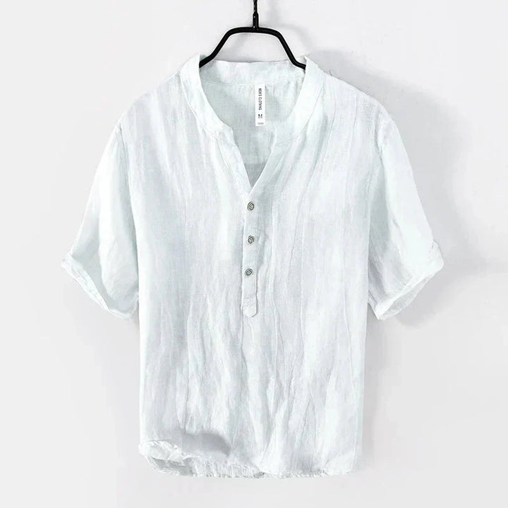 Lightweight men's summer Henley shirt. Short-sleeve casual top with button placket for warm weather comfort.
