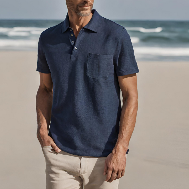 Back view of a men's lightweight short-sleeve polo shirt, designed for comfort and everyday summer style.
