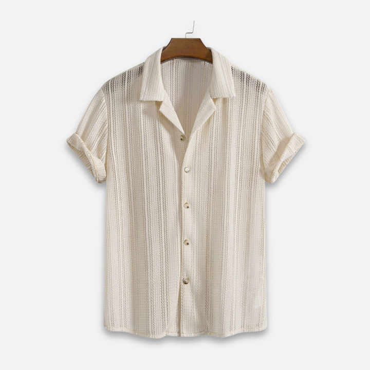 Men's lightweight short sleeve striped button-down shirt with a notched collar, perfect for casual summer comfort.