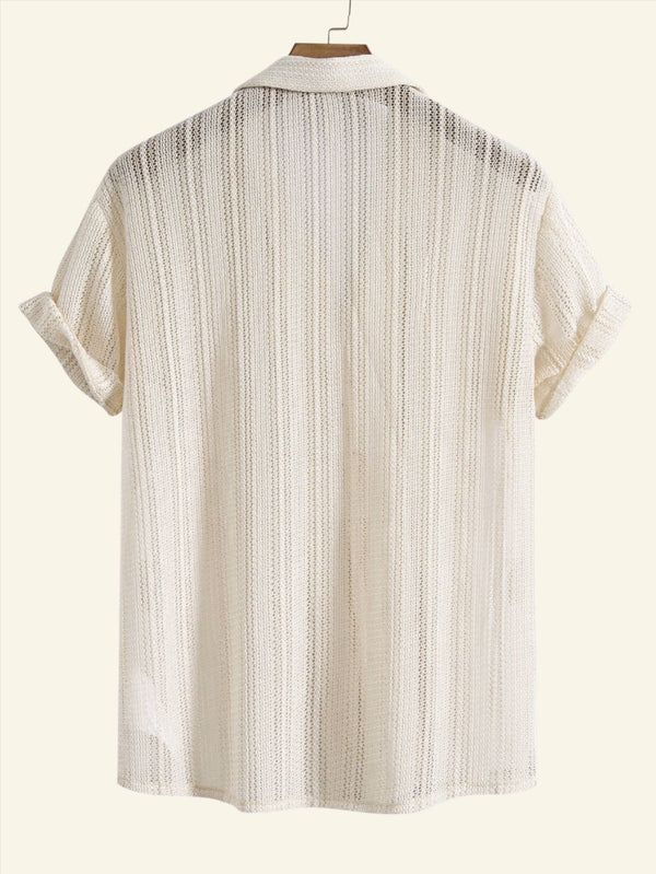 Relaxed fit men's striped short sleeve shirt, a lightweight button-down with notched collar for casual summer fashion.