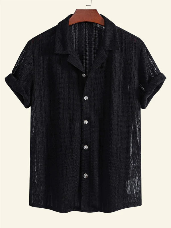 Lightweight men's striped short sleeve button-down shirt with notched collar, essential for casual summer comfort.