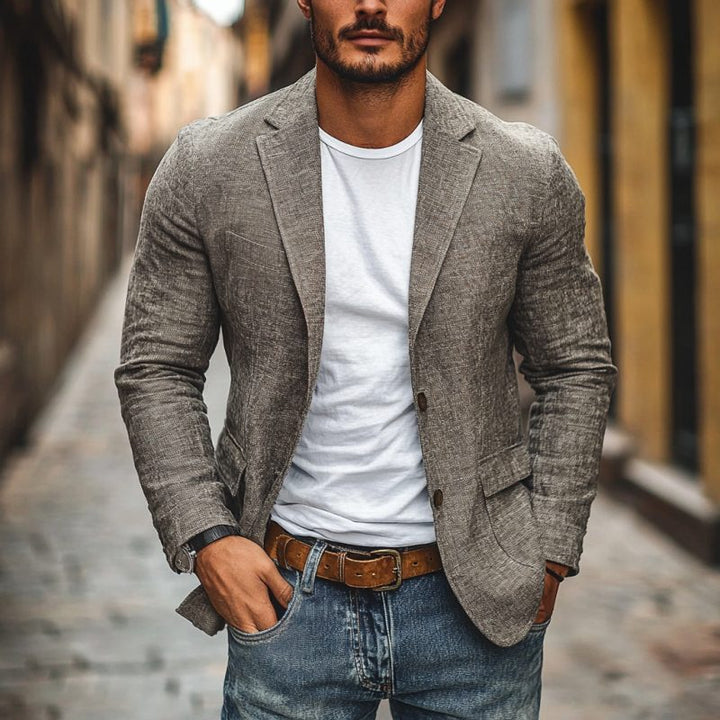 Front view: Men's lightweight single-breasted blazer jacket, a smart-casual, relaxed fit for versatility.