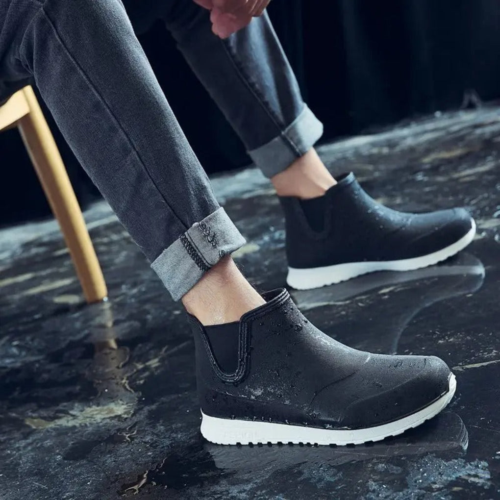 Men's lightweight slip-on rain boots, waterproof and durable, perfect for gardening and wet weather.