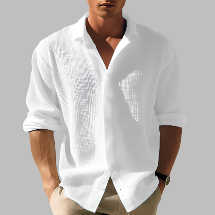 Solid color men's long sleeve button-up shirt with stand collar, perfect for spring casual fashion.