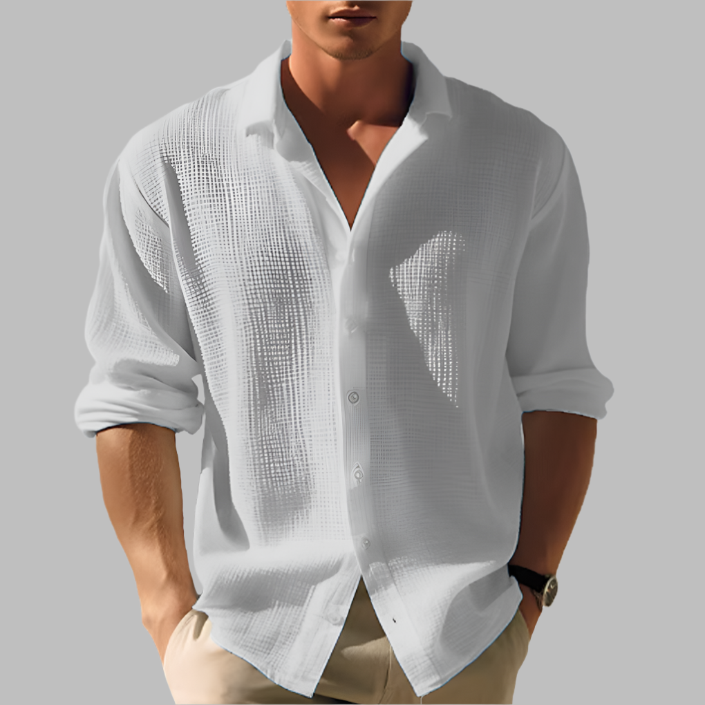 Stylish men's solid long sleeve casual shirt, a lightweight button-up for everyday spring and summer.