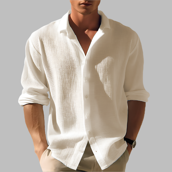 Versatile men's lightweight solid long sleeve shirt, perfect for casual spring fashion or beach vacation.