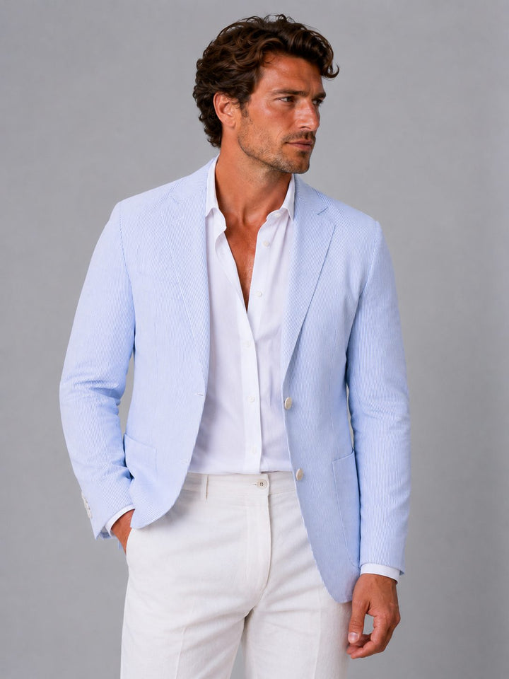 Casual men's striped blazer with light blue, khaki & white stripes. Lightweight jacket for men's fashion.