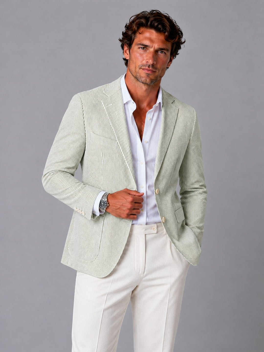 Stylish men's striped blazer, perfect lightweight jacket for weekend style. Smart-casual men's fashion piece.
