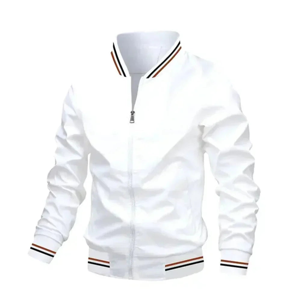 Fashion-forward men's striped bomber jacket, lightweight design for comfortable summer styling.