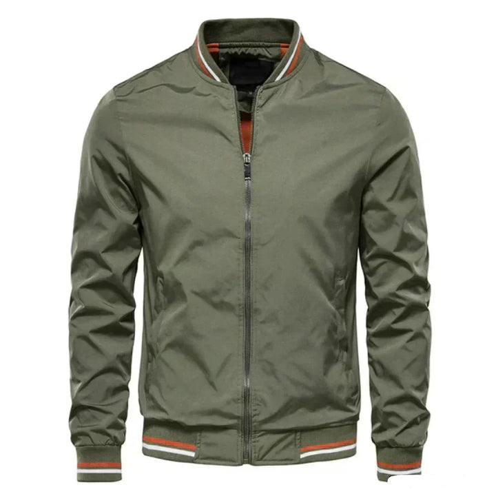 Casual striped bomber jacket for men, ideal lightweight outerwear for warm weather.