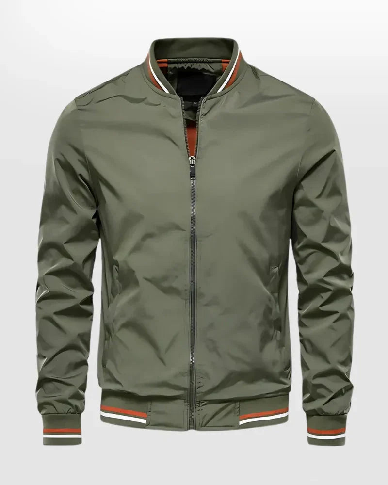 Casual men's striped bomber jacket, a lightweight summer fashion choice for daily wear.