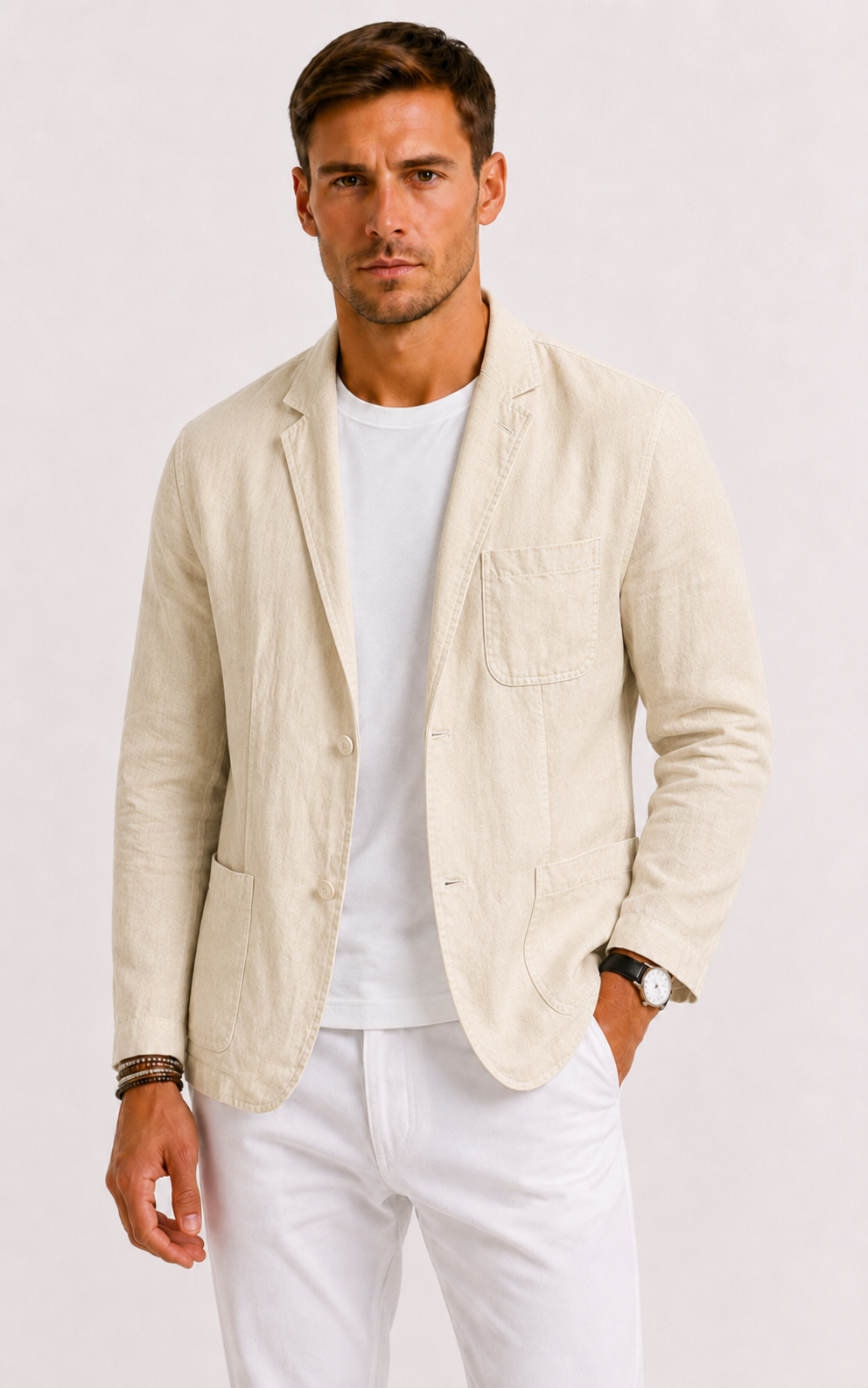 Relaxed silhouette men's summer blazer, versatile for business casual or city fashion elegance.