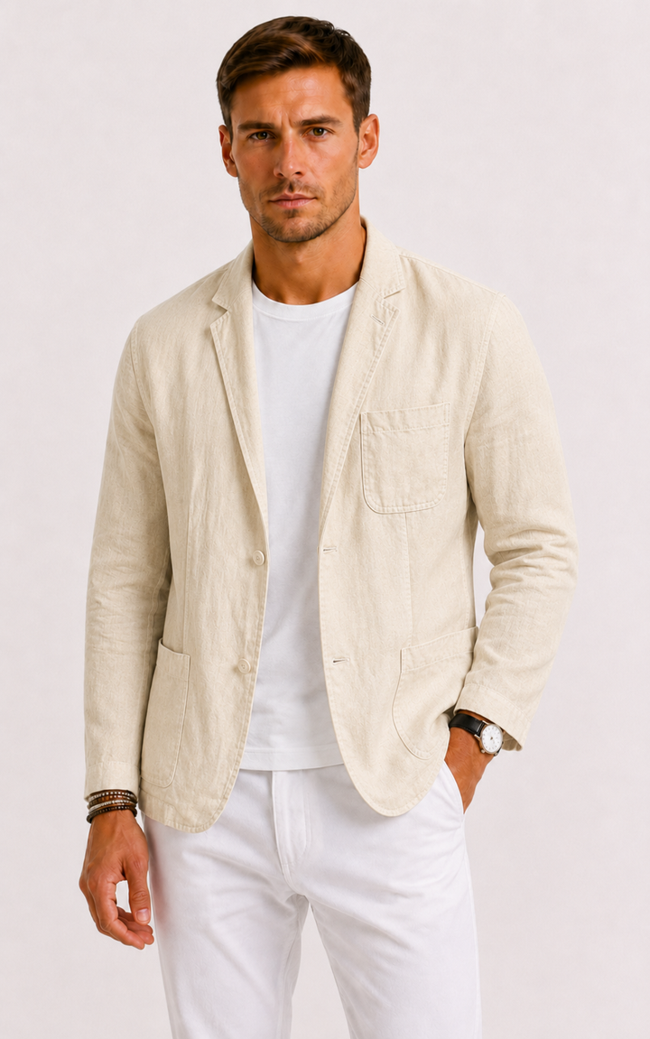 Relaxed silhouette men's summer blazer, versatile for business casual or city fashion elegance.