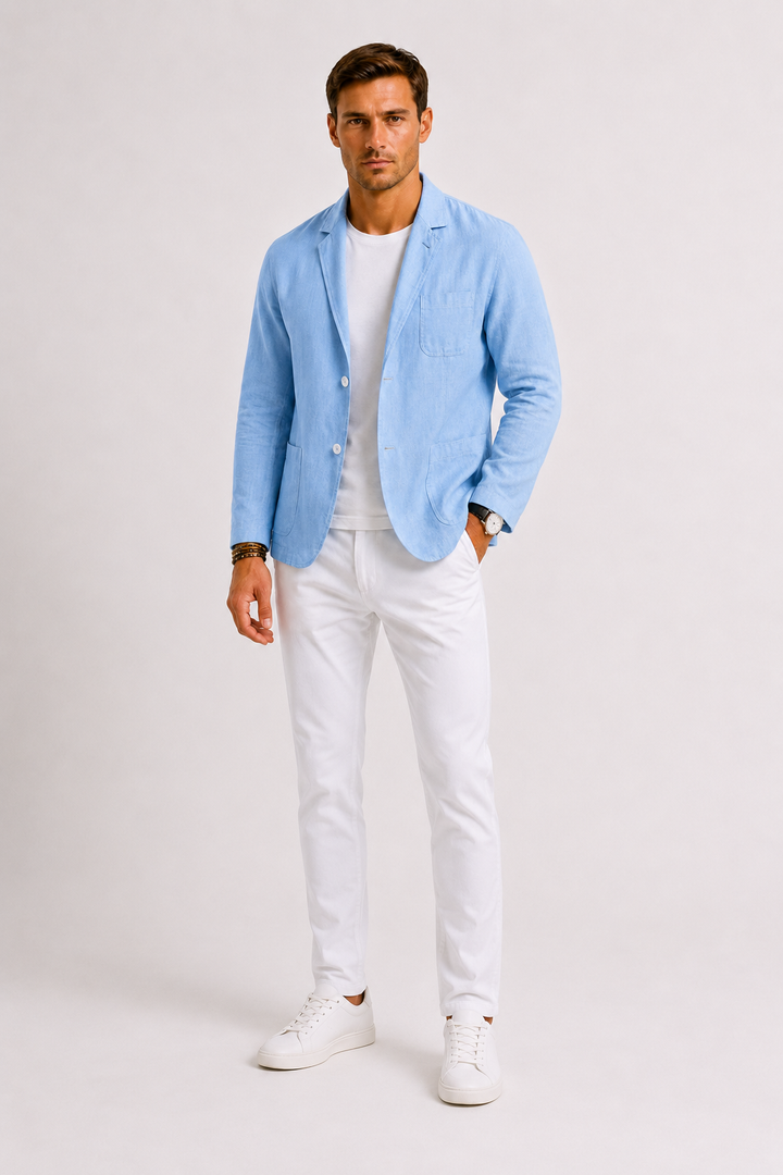 Modern fit men's summer blazer, great for a stylish and elegant business casual look in warm weather.