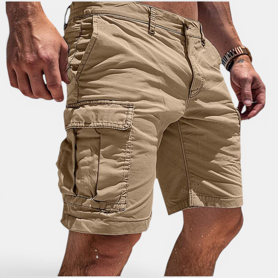 Men's lightweight summer cargo shorts, multiple pockets, comfortable for warm weather casual wear.
