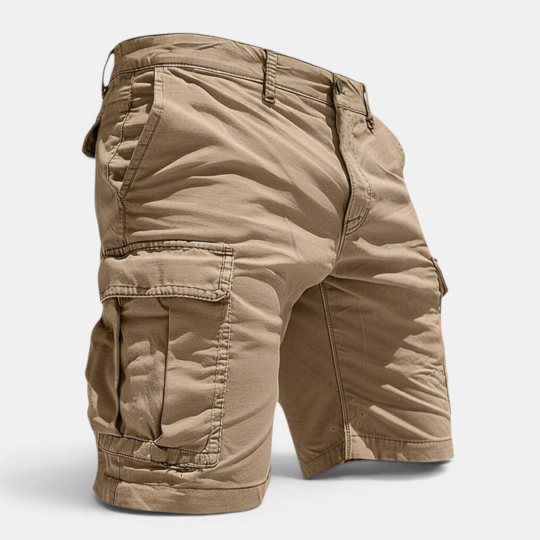 Breathable lightweight men's summer cargo shorts, multiple pockets, offering comfort and practical style.
