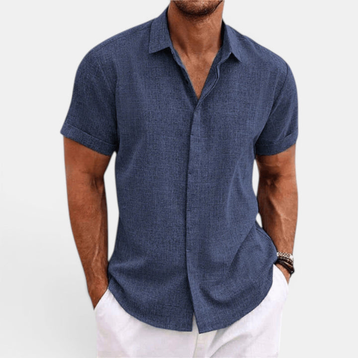 Versatile men's summer shirt, lightweight, short sleeve button-down, easily dressed up or down.