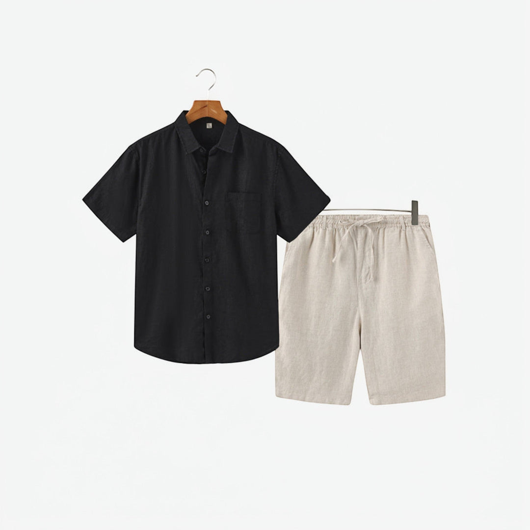 Trendy men's summer outfit: matching lightweight shirt & comfortable shorts for a relaxed casual look.