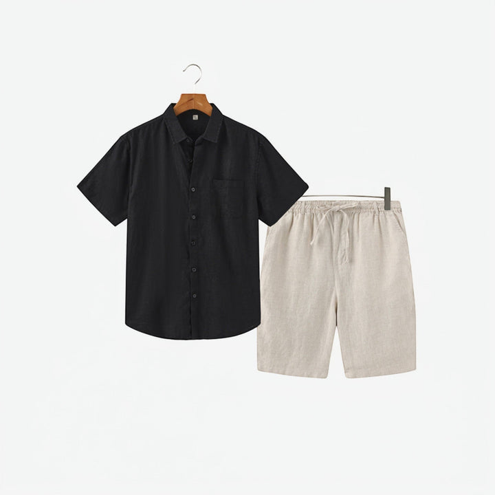 Trendy men's summer outfit: matching lightweight shirt & comfortable shorts for a relaxed casual look.