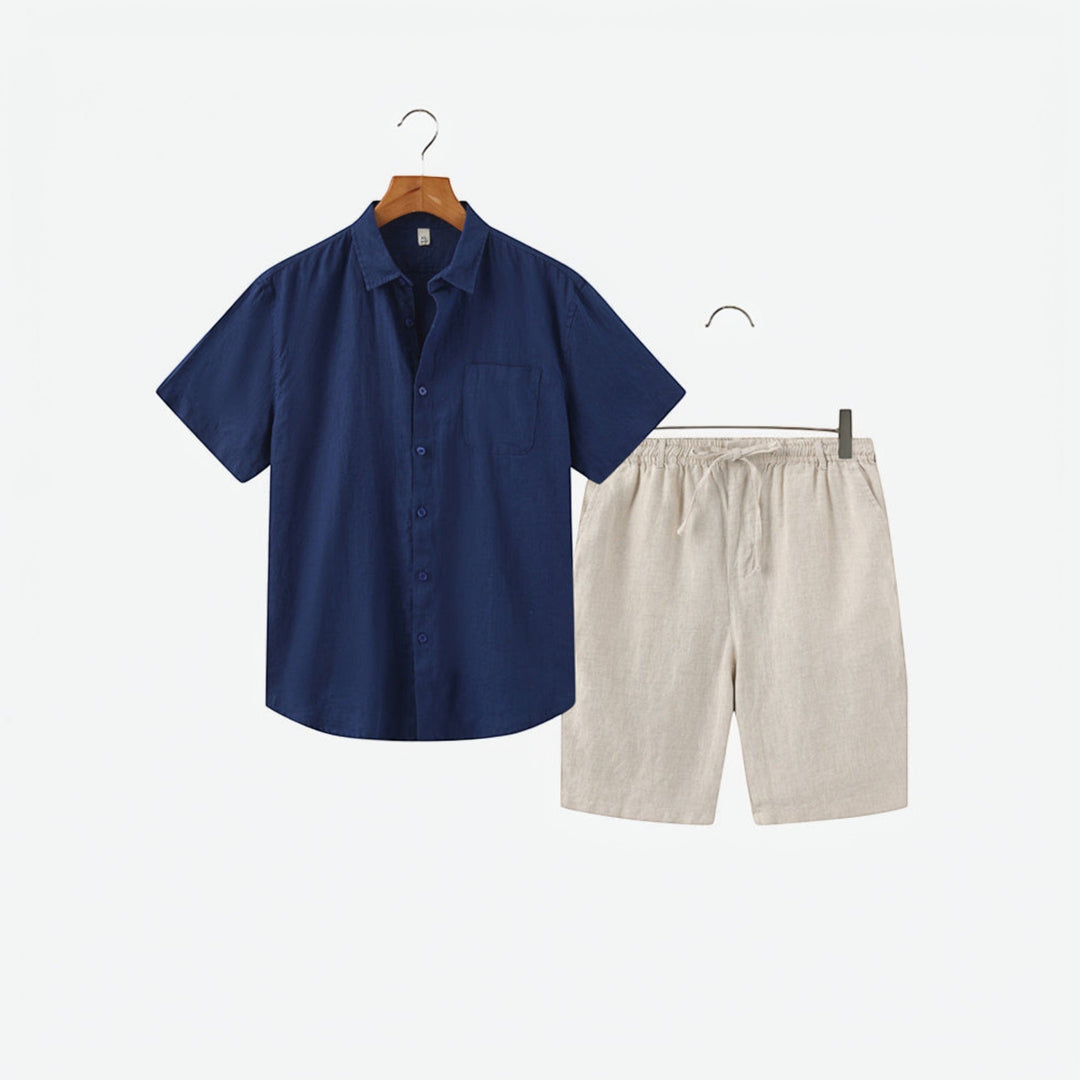 Relaxed fit men's lightweight summer shirt & shorts combo, ideal for hot weather vacation outfits.