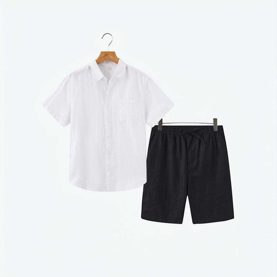 Men's casual summer matching set with a lightweight shirt & comfortable shorts, ideal for warm days.