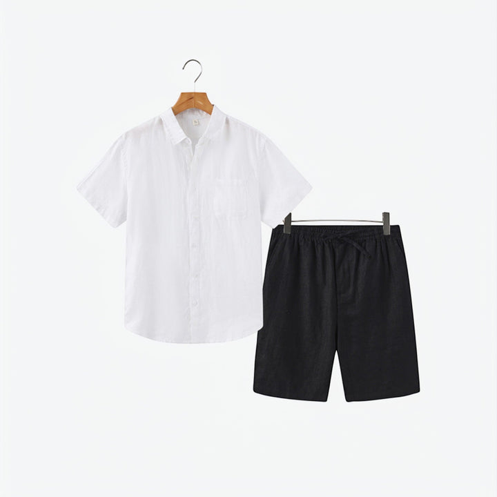 Men's casual summer matching set with a lightweight shirt & comfortable shorts, ideal for warm days.