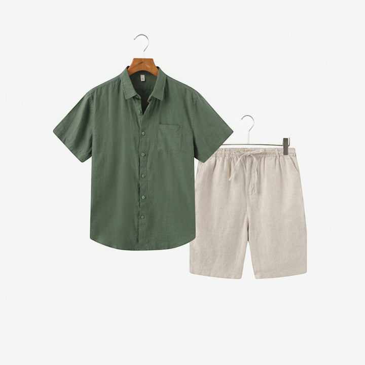 Stylish men's resort wear matching set, featuring a light summer shirt and relaxed shorts for vacation.