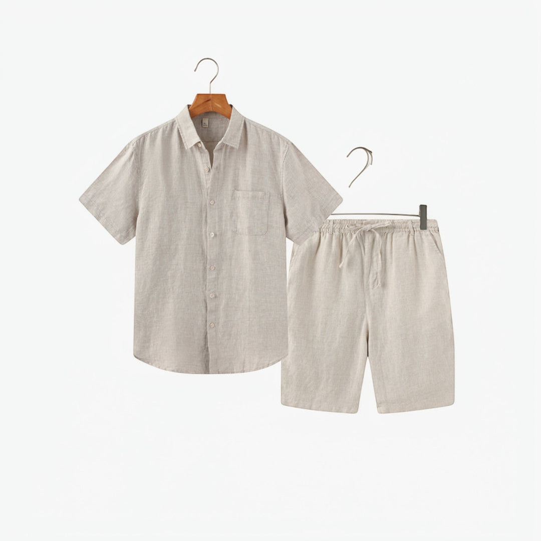 Versatile men's summer matching outfit, shirt and shorts suitable for casual wear or beach trips.