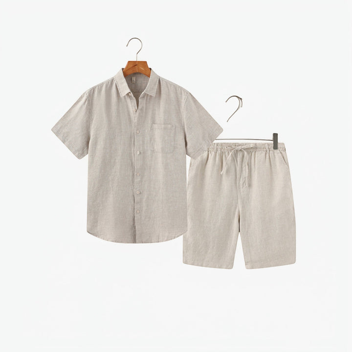 Versatile men's summer matching outfit, shirt and shorts suitable for casual wear or beach trips.